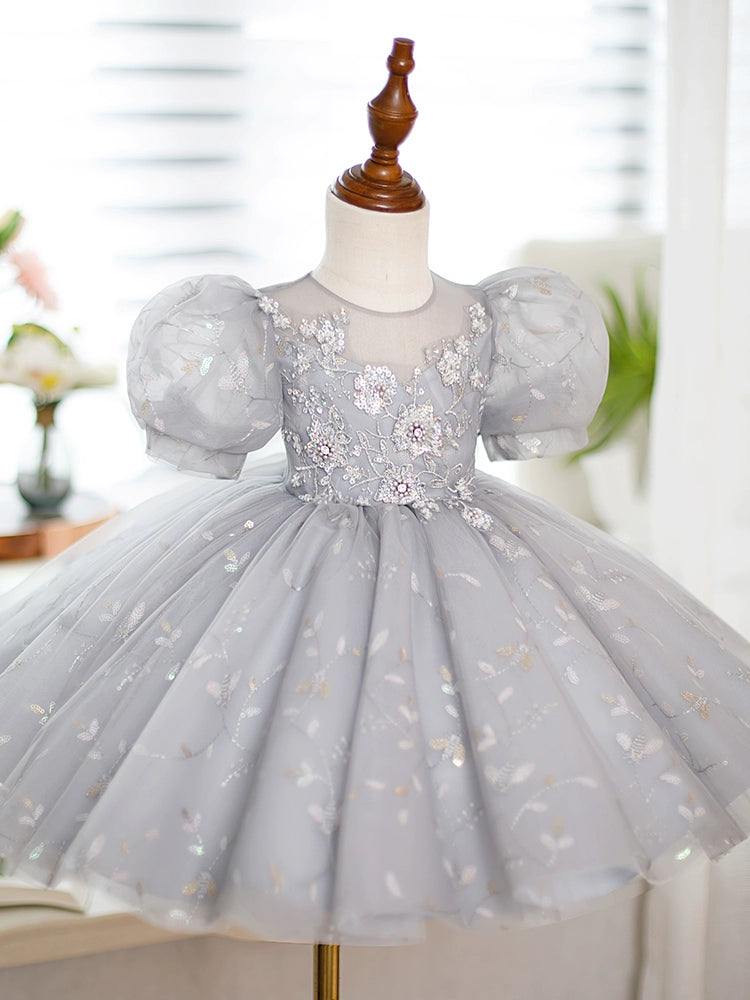 Elegant Grey Organza Flower Girl Dress - Princess Round Tea-Length for Weddings & Special Occasions