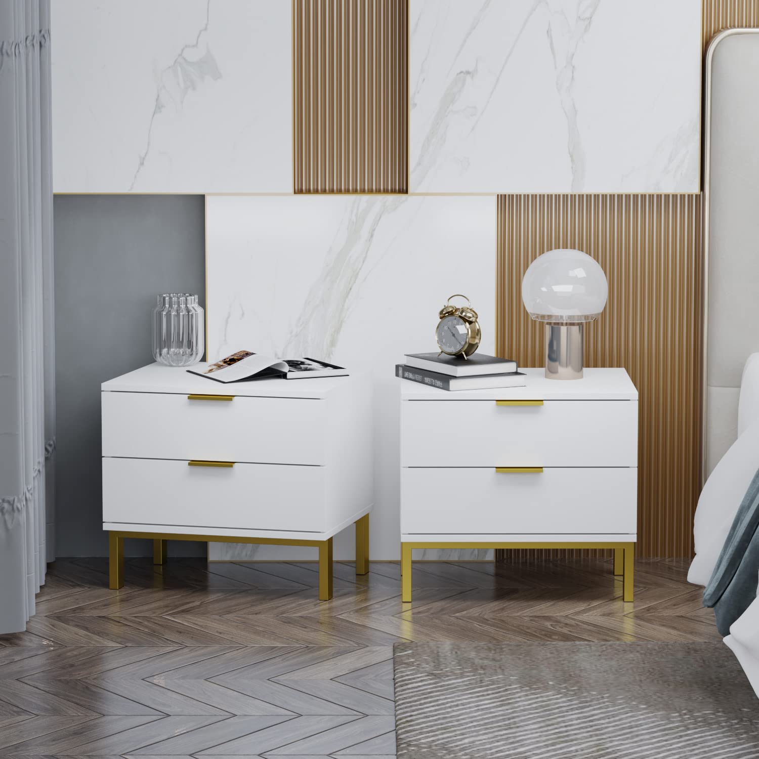 Hitow White Nightstand with 2 Drawers - Modern Bedside Table with Golden Metal Legs, Small Space-Saving End Table for Bedroom & Living Room Storage, Set of 2 (19.7