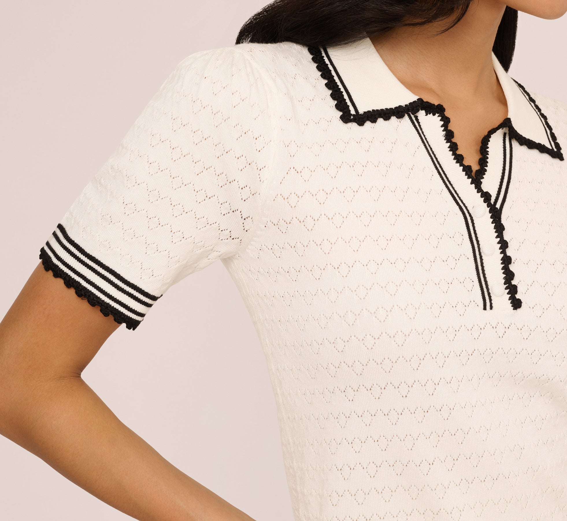 Stylish Short Sleeve Contrast Tipped Pointelle Polo Shirt - Ivory & Black | Casual Summer Wear for Men & Women | Perfect for Golf, Office & Outdoor Activities