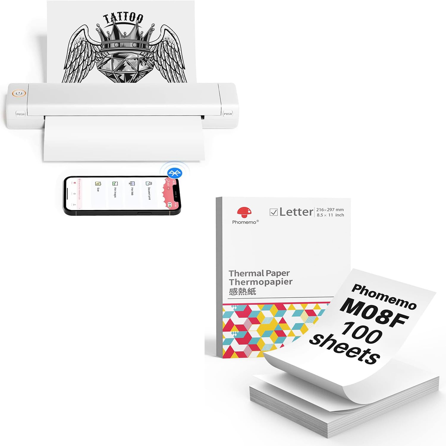 Phomemo M08F Wireless Tattoo Stencil Printer - Inkless Thermal Transfer Printer for Tattoo Artists, 8.5