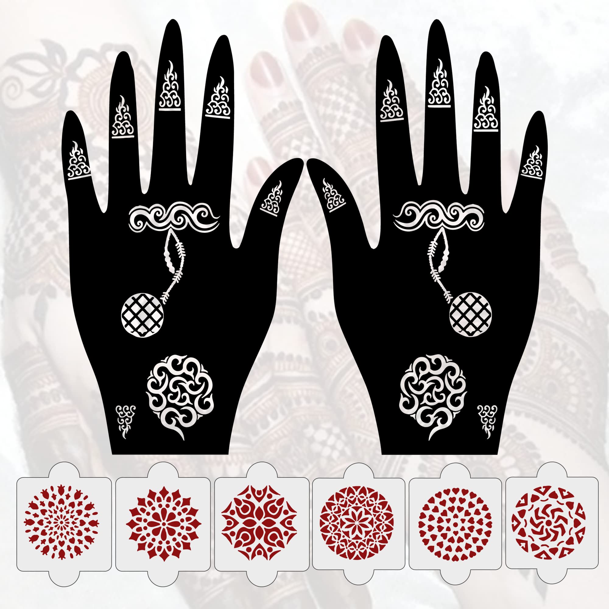 8 Pcs Henna Tattoo Stencil Kit - 2 Henna Stencil Tattoos + 6 Reusable PVC Laser Cut Stencils for Women, Girls & Kids | Easy Application Mehandi Stickers for Full Hand Designs | Perfect for Weddings, Festivals & DIY Body Art