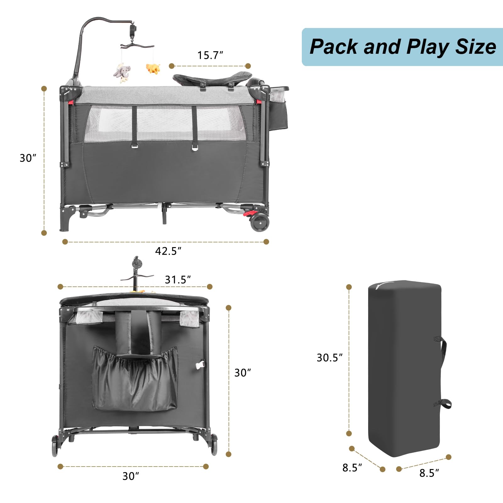5-in-1 Portable Baby Playard with U-Shaped Diaper Changer & Adjustable Height - Convertible Bassinet Bedside Sleeper for Newborns & Toddlers - Includes Carry Bag for Travel & Nursery Use at Home