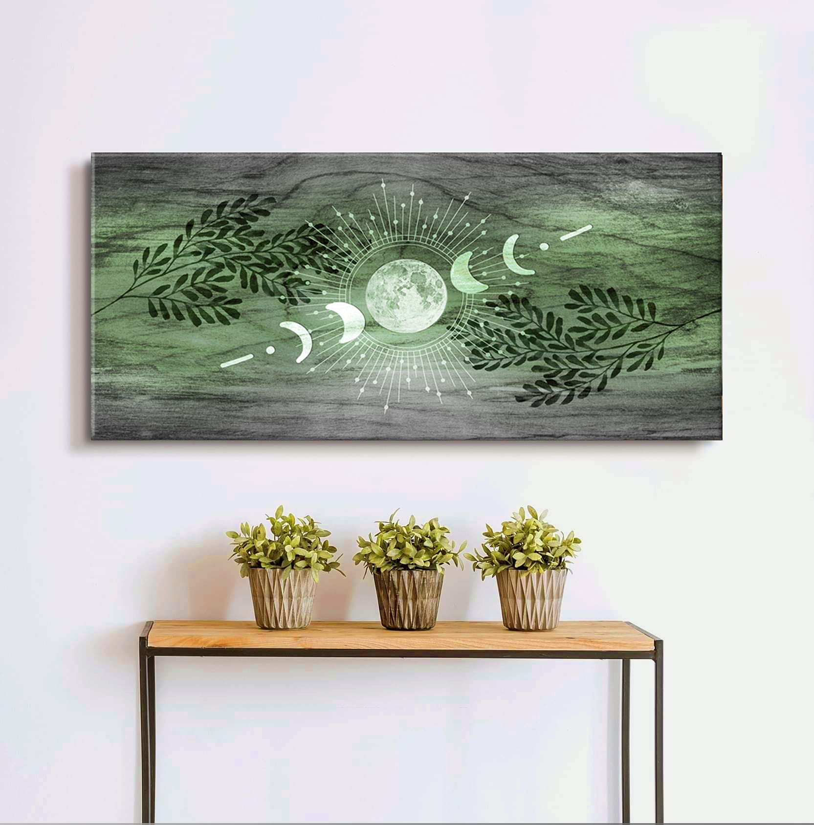 Boho Moon Phases Framed Large Canvas Wall Art - Bohemian Home Decor with Rustic Style, Modern Moon Phase Design (Green, 42x19 Inches) Perfect for Living Room, Bedroom or Office Decor