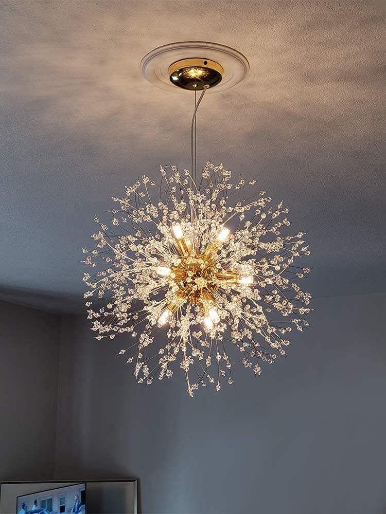 Qamra Modern Gold Crystal Chandelier - 9-Light Firework Dandelion Sputnik Pendant Lighting Fixture for Dining Room, Bedroom, Kitchen & Living Room | Elegant Ceiling Light for Home Decor, Wedding & Restaurant Lighting