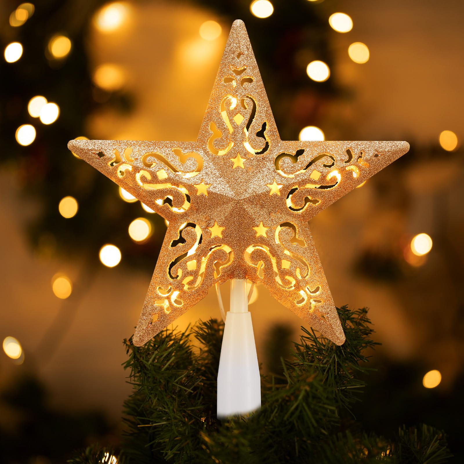 8 Inch Golden 3D Hollow Christmas Star Tree Topper with 10 LED Lights - Plug in Pentagram Treetop Decor for Holiday Home Decorations (Includes 4 Spare Bulbs & 2 Fuses) - Perfect for Christmas Tree, Fireplace Mantel & Festive Party Decor