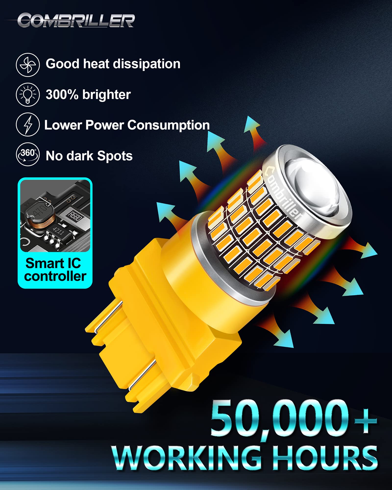 Combriller 3157 LED Bulb Amber Yellow - 3056 3156 3057 4157 LED Replacement Bulbs for Turn Signal, Brake & Tail Lights - Car, RV, Truck Blinker Bulbs (2-Pack) - Perfect for Night Driving & Enhanced Visibility