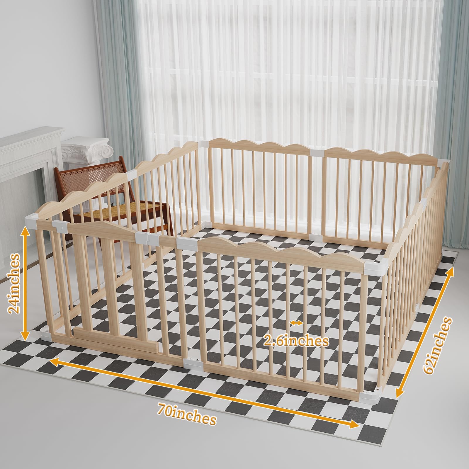 Wooden Baby Playpen for Babies & Toddlers - Large Adjustable Playard with Locking Gate, Easy to Assemble & Portable (62x70x24 Inch) - Safe Play Area for Nursery, Living Room & Outdoor Use