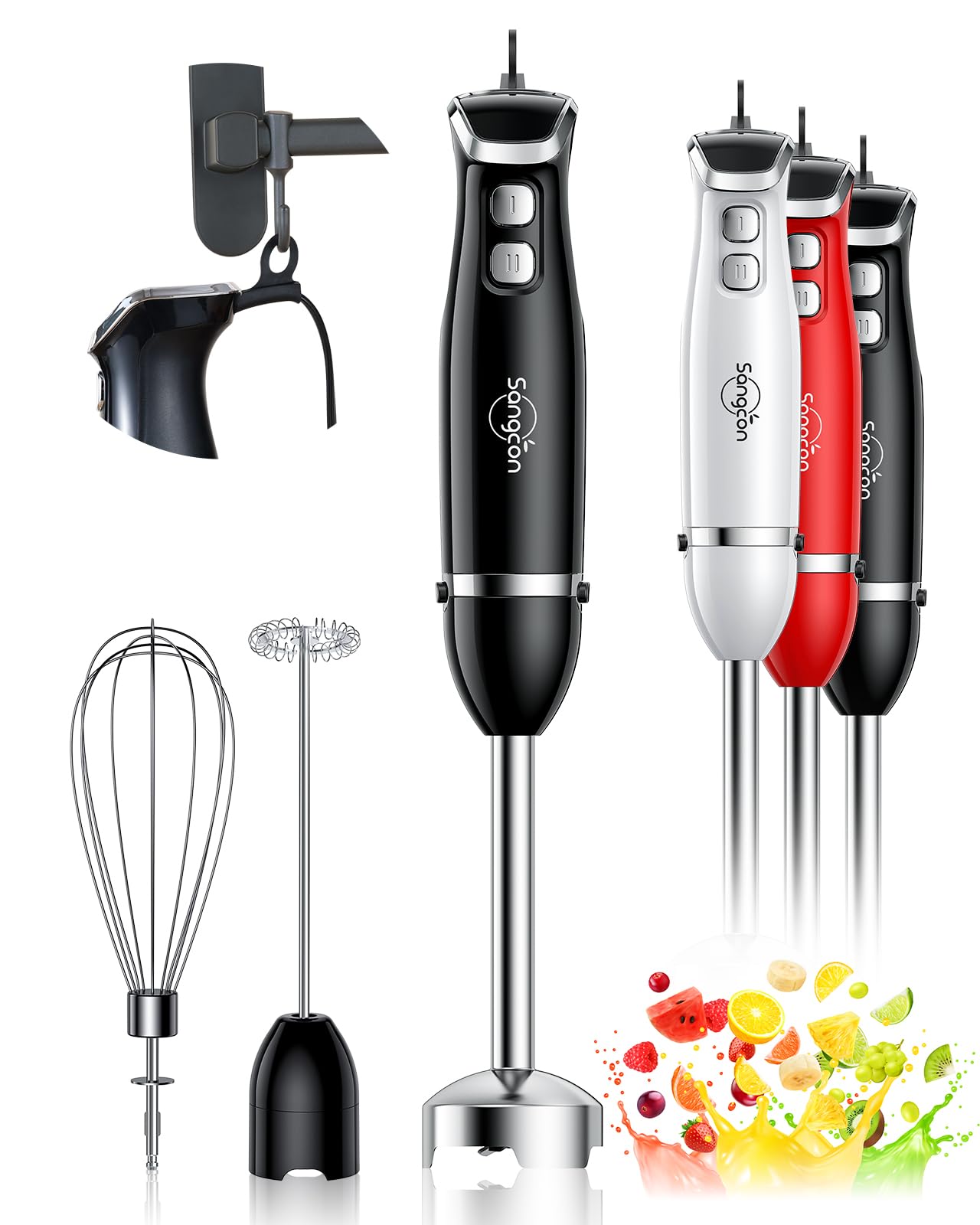 Sangcon 400W 3-in-1 Immersion Hand Blender with Stainless Steel Blade, Whisk & Milk Frother Attachments - Powerful Electric Handheld Blender for Smoothies, Soups, Baby Food & Baking - Black