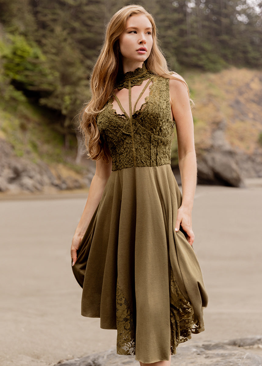 Layana Women's Olive Green Casual Dress - Flowy Midi Dress for Summer, Beach, and Outdoor Activities