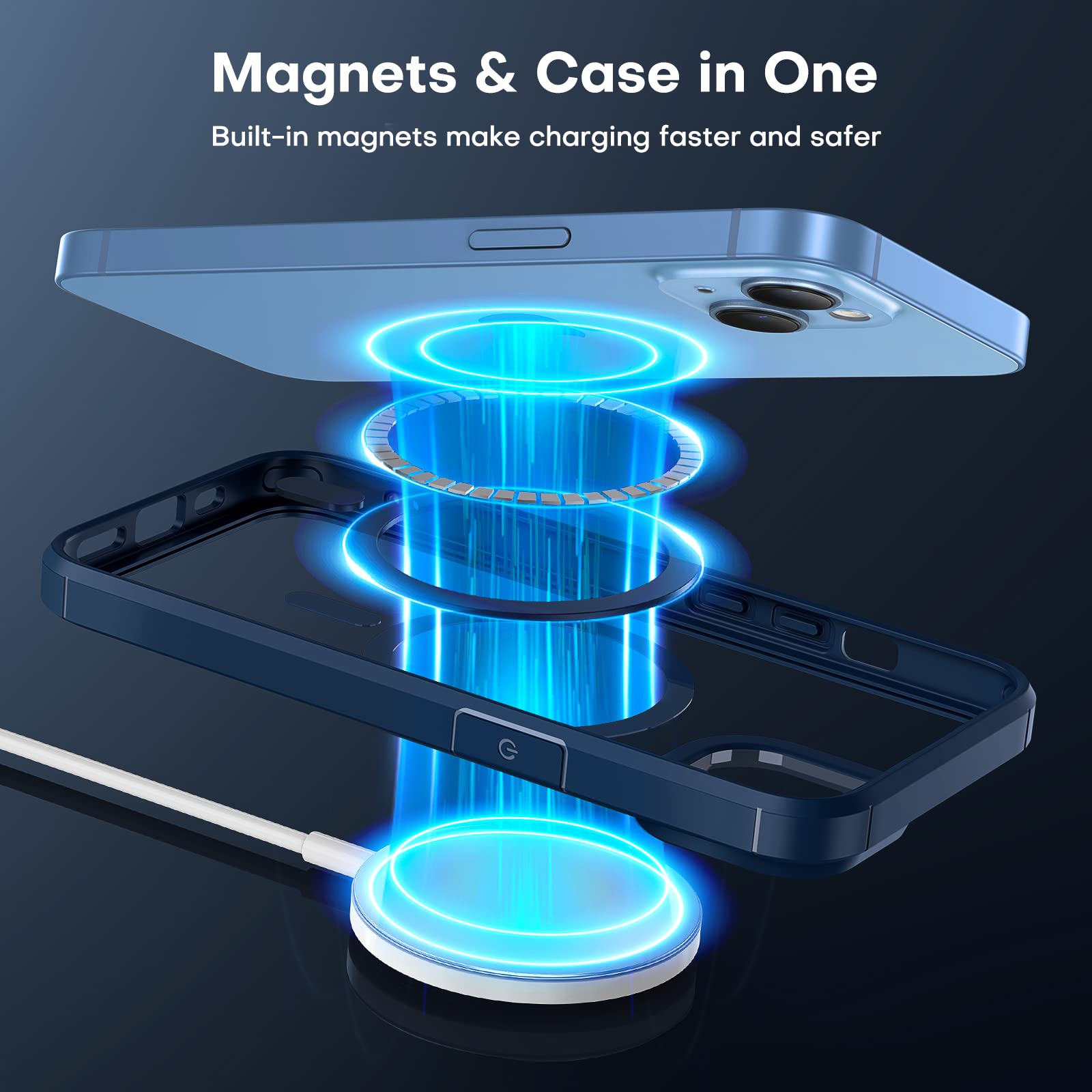 TAURI 3-in-1 Magnetic Phone Case for iPhone 13 & 14 - Compatible with MagSafe, Includes 2 Tempered Glass Screen Protectors, Shockproof Protective Cover (Blue) - Perfect for Daily Use, Travel & Outdoor Activities