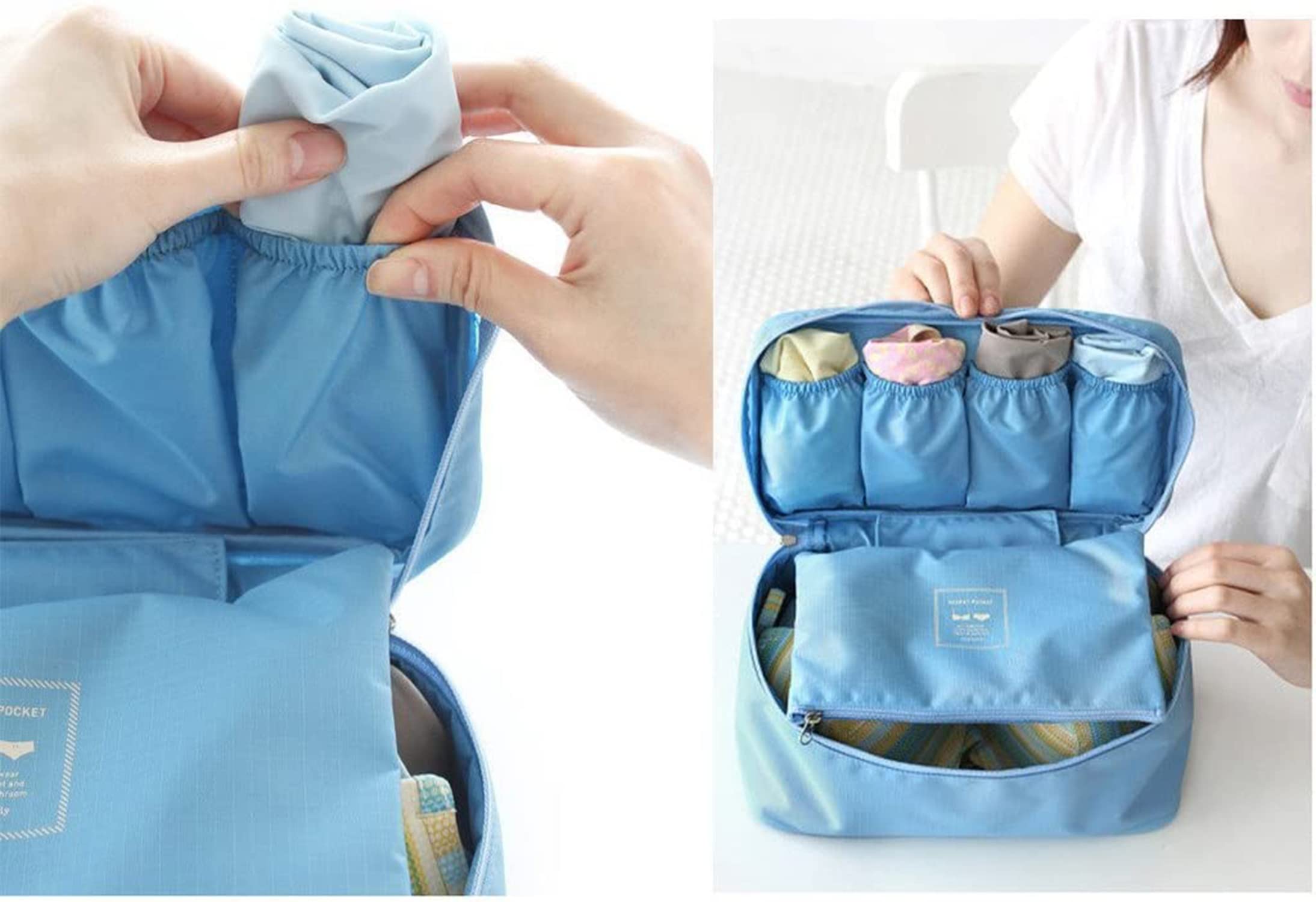 House of Quirk Portable Multifunctional Travel Organizer - Underwear, Socks & Bra Storage Bag with Cosmetic Pouch (Sky Blue) | Perfect for Travel, Camping & Home Closet Organization