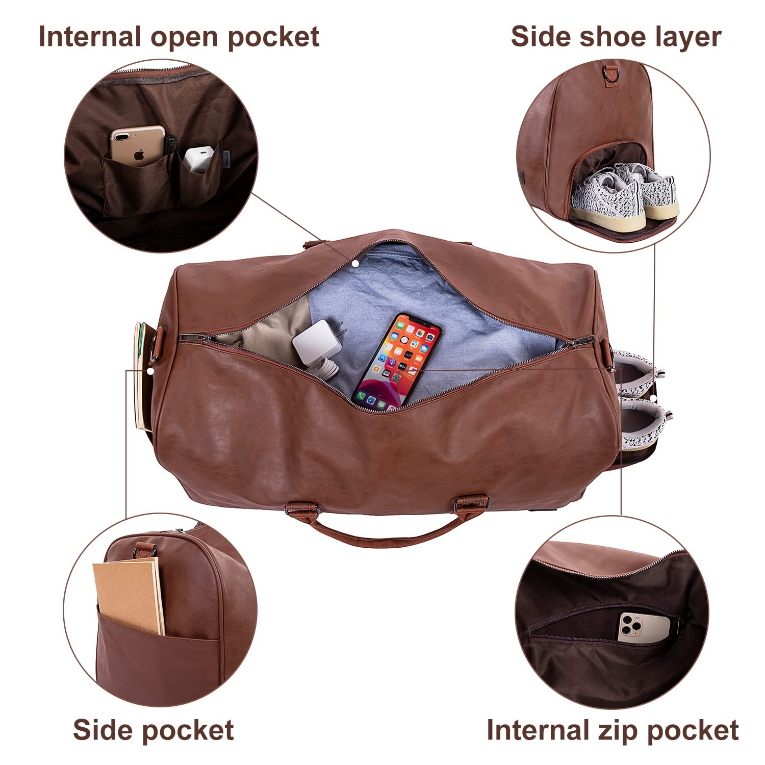 Premium Leather Travel Bag with Detachable Shoe Compartment | Waterproof Weekender Overnight Duffle | Spacious Carry-On Luggage for Men & Women (Brown) - Perfect for Business Trips, Gym, Weekend Getaways & Air Travel