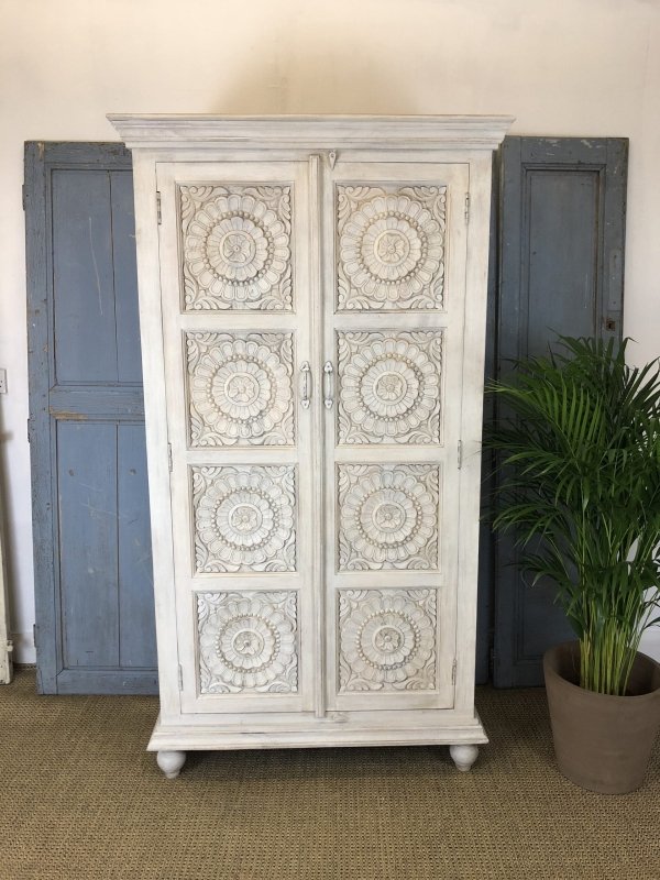 Exquisite Hand-Carved Floral Wooden Armoire - Authentic Indian Handmade Furniture for Bedroom & Living Room Storage
