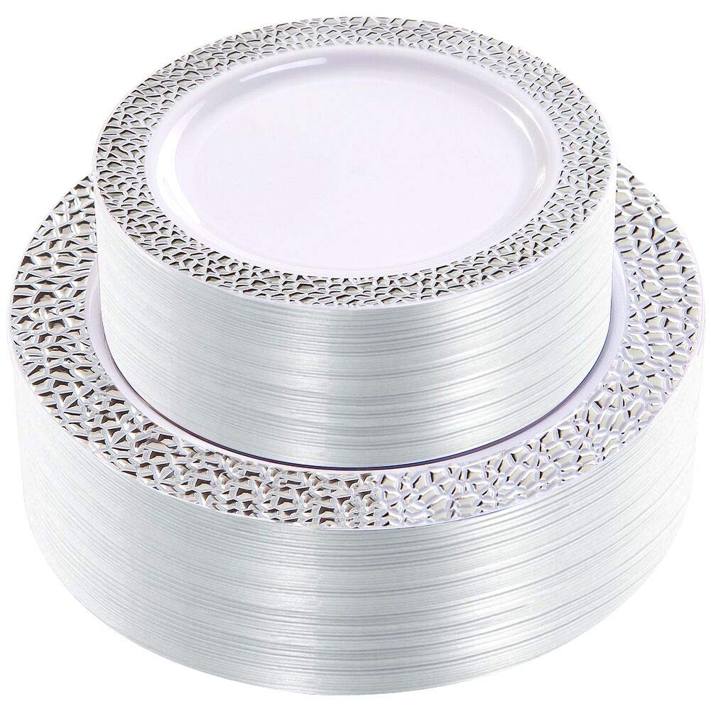 102-Piece Silver Plastic Plates Set - Elegant White with Hammered Design, Disposable Dinnerware for Parties (51 Dinner Plates 10.25