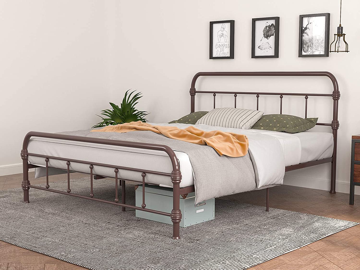 Reinforced Full Size Metal Bed Frame - Vintage Country Style Iron Platform Bed with Headboard & Footboard, Heavy Duty Steel Slat Support, Antique Bronze Brown Finish | Perfect for Farmhouse, Rustic & Industrial Bedroom Decor