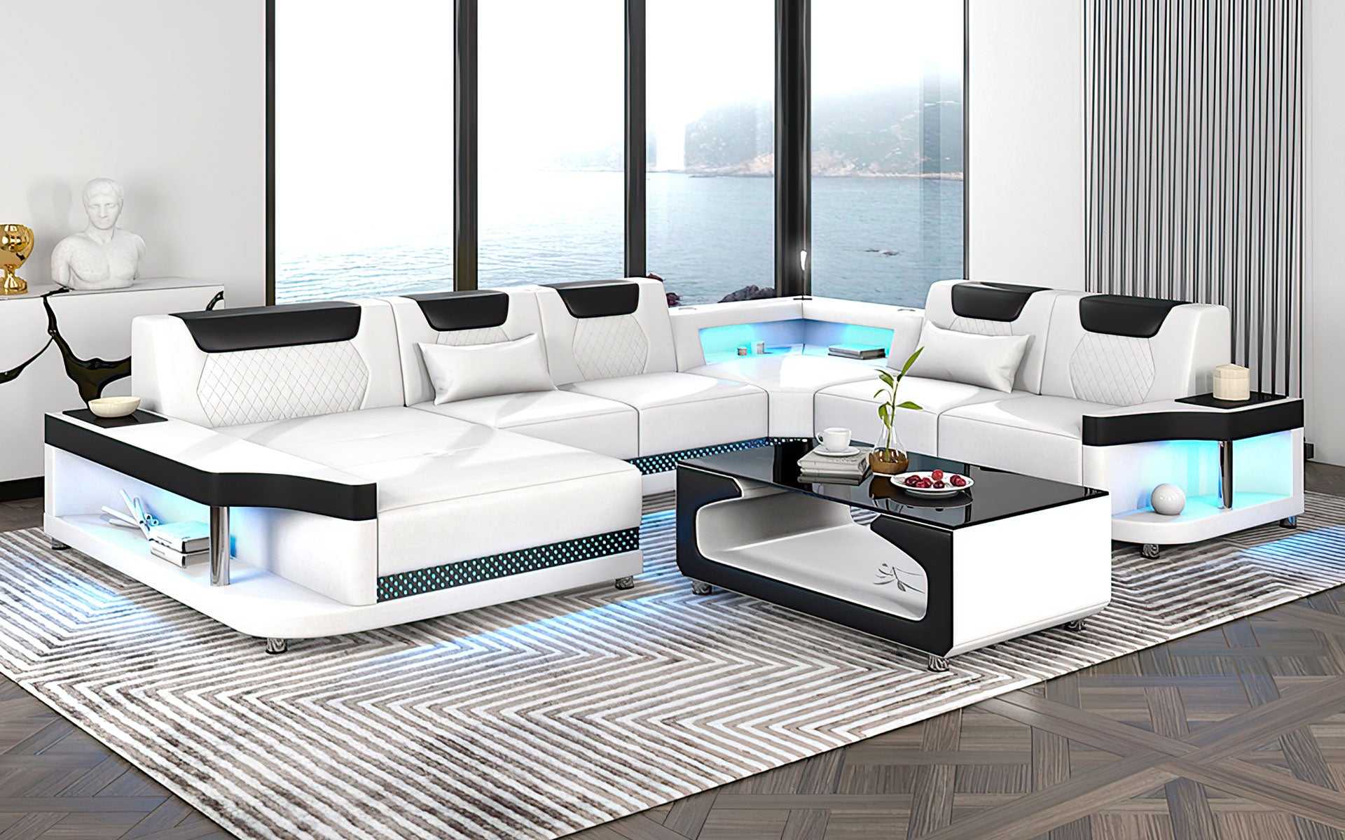 Modern Leather Sectional Sofa with LED Lights - Contemporary L-Shaped Couch for Living Room, Lounge & Home Theater - Comfortable & Stylish Furniture for Relaxing & Entertaining