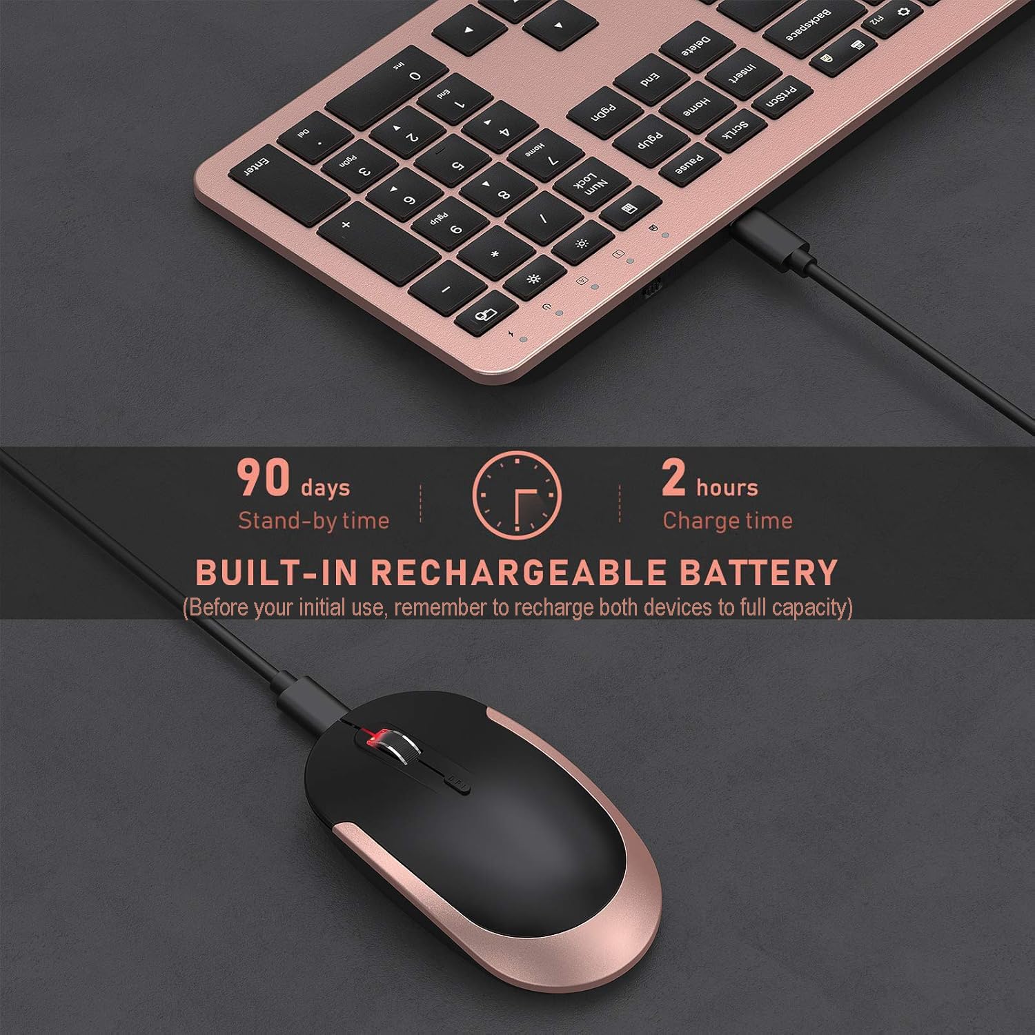 Seenda Rechargeable Wireless Keyboard and Mouse Combo - Full Size Cordless Keyboard with Built-in Lithium Battery, Ultra Thin Quiet Keyboard & Mouse Set (Rose Gold & Black) for Office, Home, Gaming & Remote Work