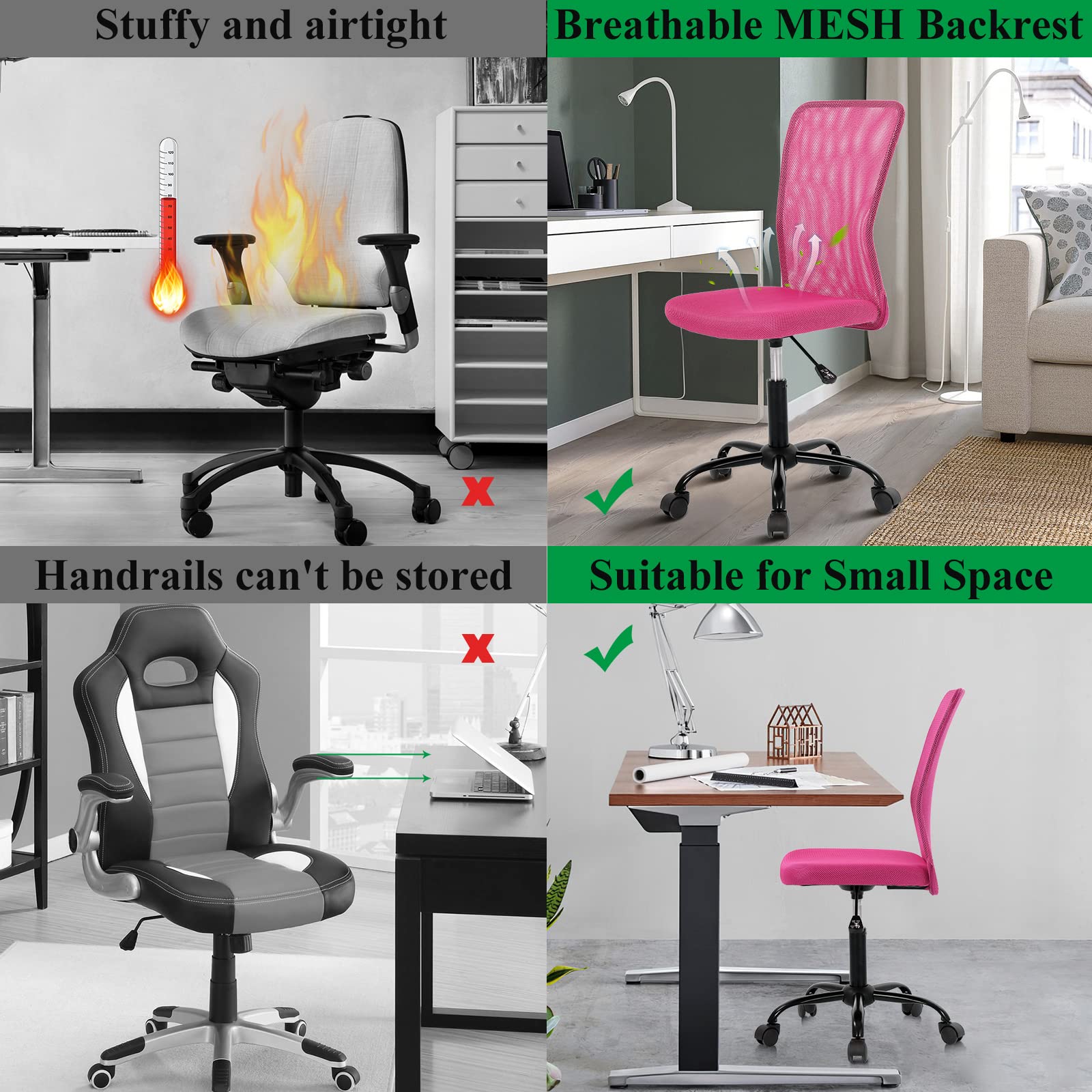 Ergonomic Mesh Office Chair - Modern Mid Back Rolling Swivel Computer Desk Chair with Breathable Back Support, Armless Task Chair for Home & Office Use - Perfect for Long Hours of Work, Gaming, or Studying (Pink)