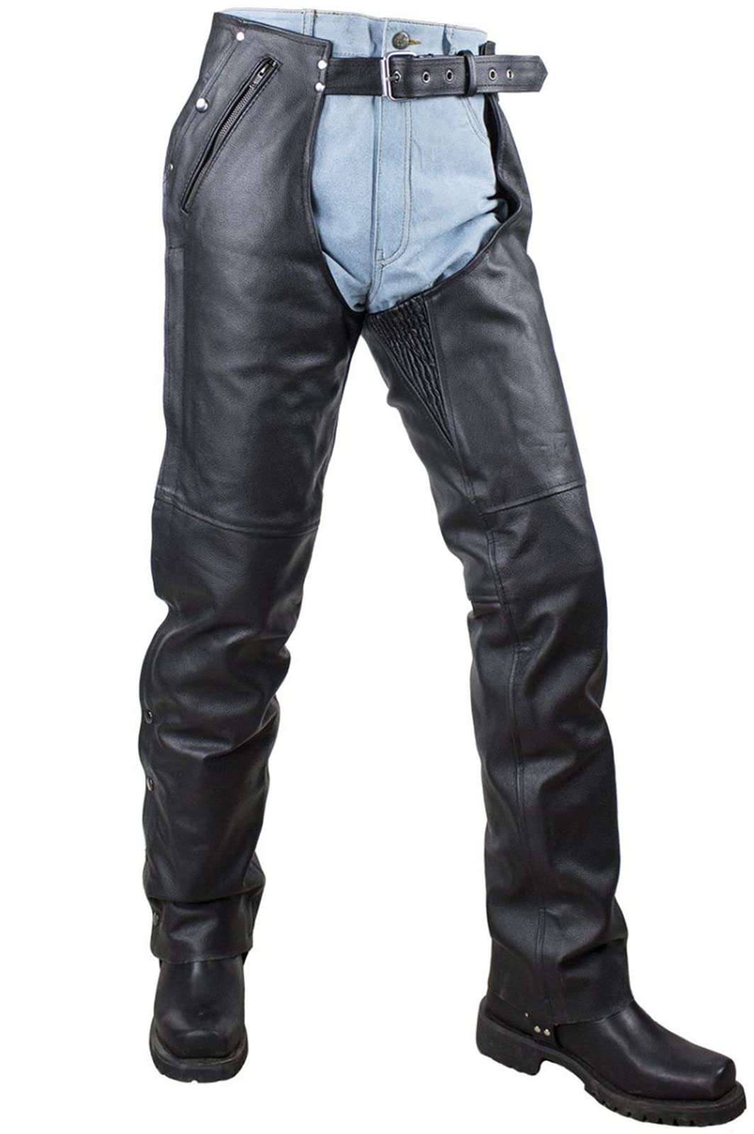 Black Leather Motorcycle Chaps for Men & Women - Cowboy Biker Pants with Liner & 4 Pockets | Durable Riding Gear for Harley, Cruiser & Adventure Bikes