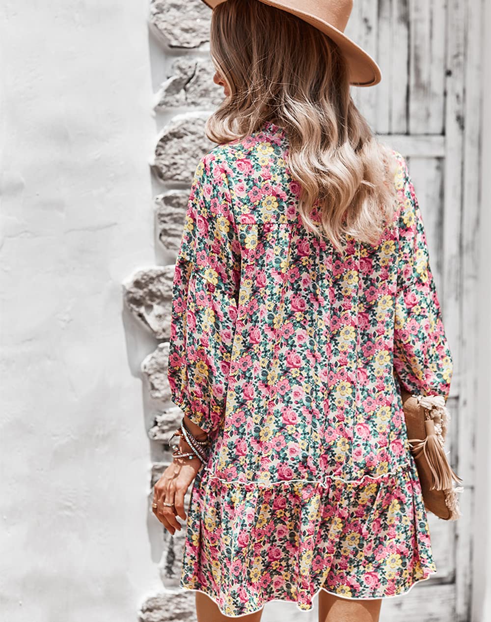 Women's Long Sleeve Boho Floral Dress - V Neck Casual Flowy Maxi Dress for Beach, Vacation & Everyday Wear | Plus Size Options Available