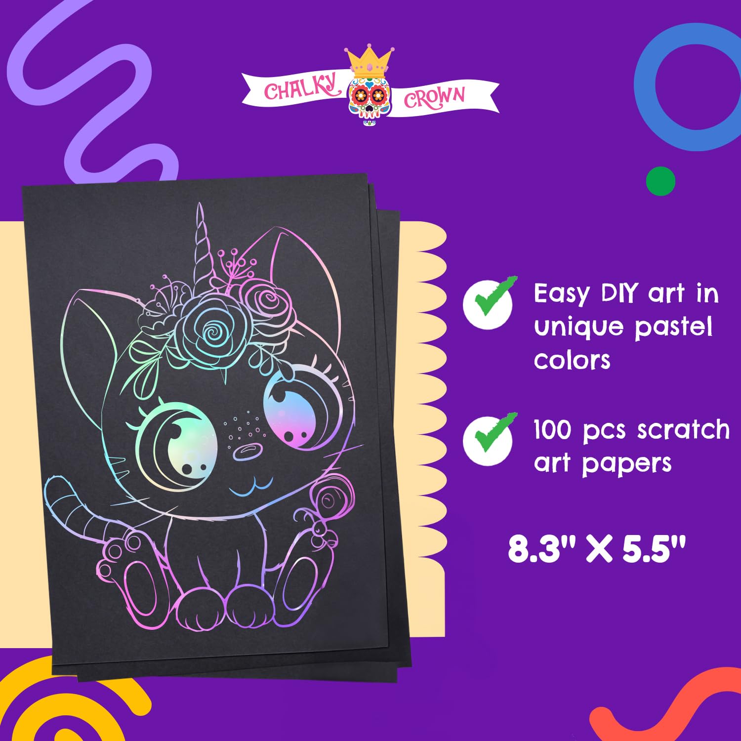 CHALKY CROWN Scratch Art Paper Set - Black & Rainbow Scratch Art Paper for Kids DIY Crafts - Creative Art Supplies for Birthday Parties, Classroom Activities & Stress Relief