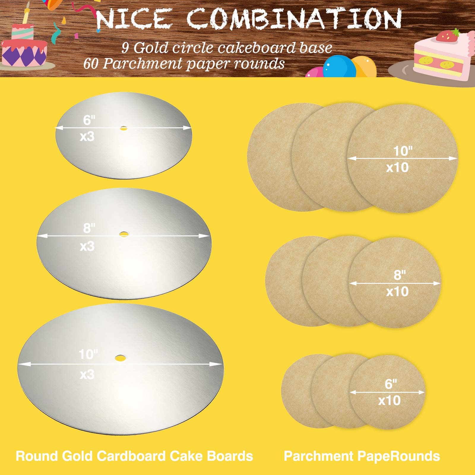 Patelai 89-Piece Cake Tiered Stacking Kit - 10, 8 & 6 Inch Silver Round Cake Boards with Parchment Paper & Plastic Dowel Rods for Wedding, Birthday & Anniversary Cake Decorating Support
