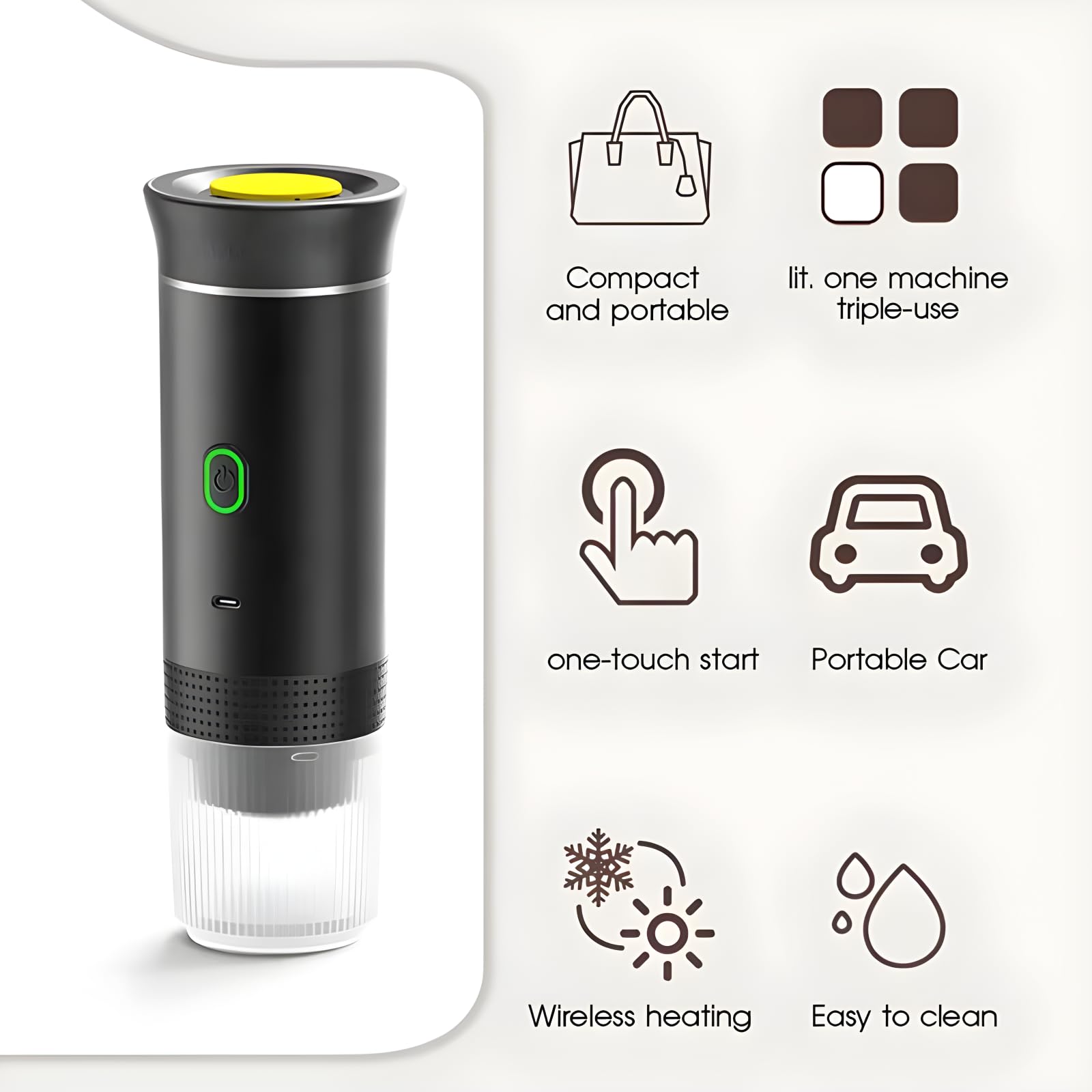 Portable Electric Espresso Machine - Rechargeable Mini Travel Coffee Maker with Self-Heating for Car, Camping, Home & Office | Compact & Fast Brewing | Perfect for Travel, Road Trips & Outdoor Adventures (Gray)