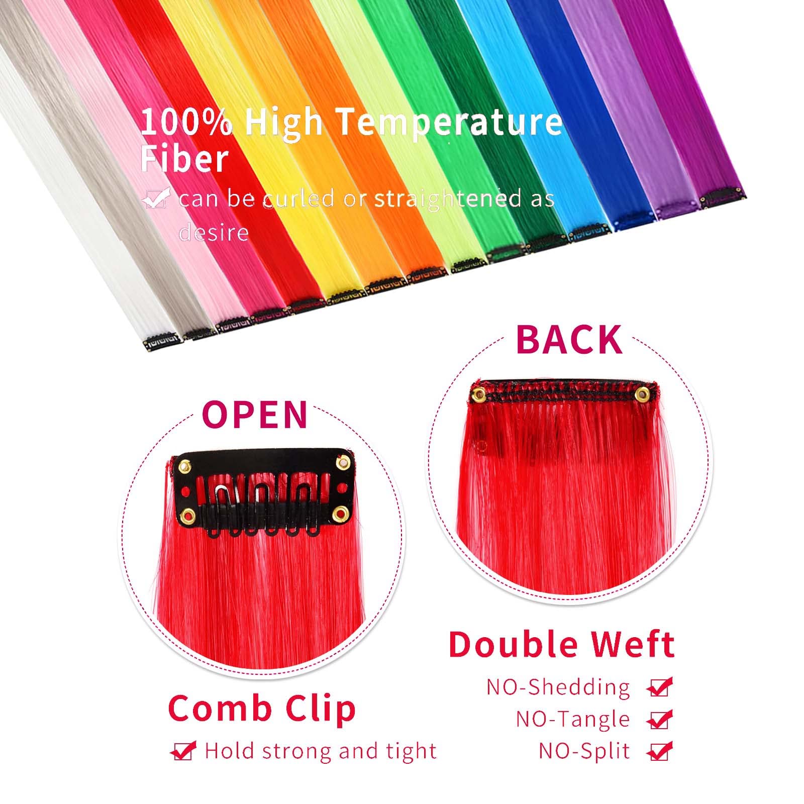 13 Pcs Clip-In Hair Extensions 20 Inches - Multi-Colored Straight Synthetic Hair Extensions for Women | Heat Resistant, Can Be Styled with Hot Water Curl | Perfect for Parties, Cosplay, and Daily Styling (13 Colors, 13 Packs)