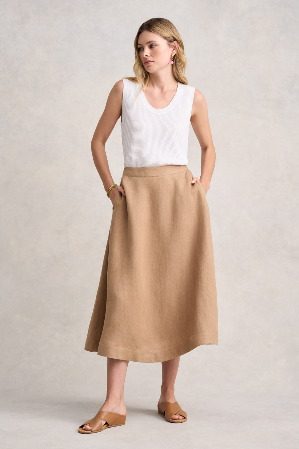 Elegant Twill Linen Midi Skirt in Camel - Comfortable & Stylish Women's Casual Skirt for Office, Brunch or Summer Outfits
