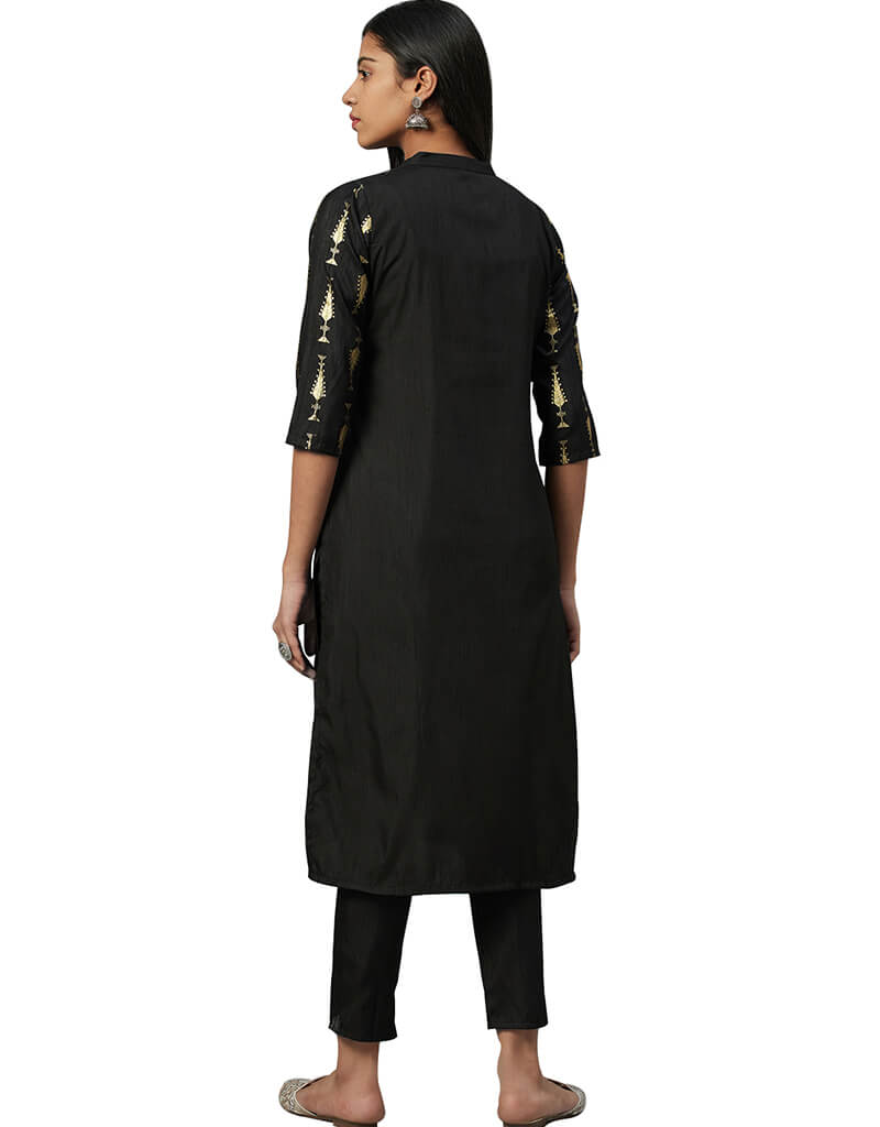 Black Poly Silk Pant Kurti for Women - Elegant Indian Tunic Top with Pants - Perfect for Festivals, Parties & Casual Wear