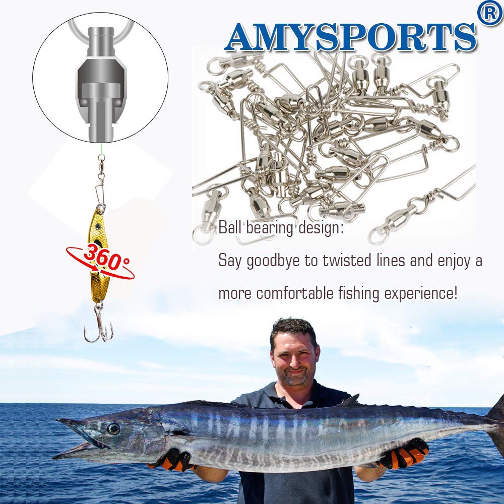 AMYSPORTS High Strength Fishing Snap Swivels with Ball Bearing - Stainless Steel Saltwater Corrosion Resistant Barrel Swivels for Freshwater & Saltwater Fishing - Ideal for Bass, Trout, and Deep Sea Angling