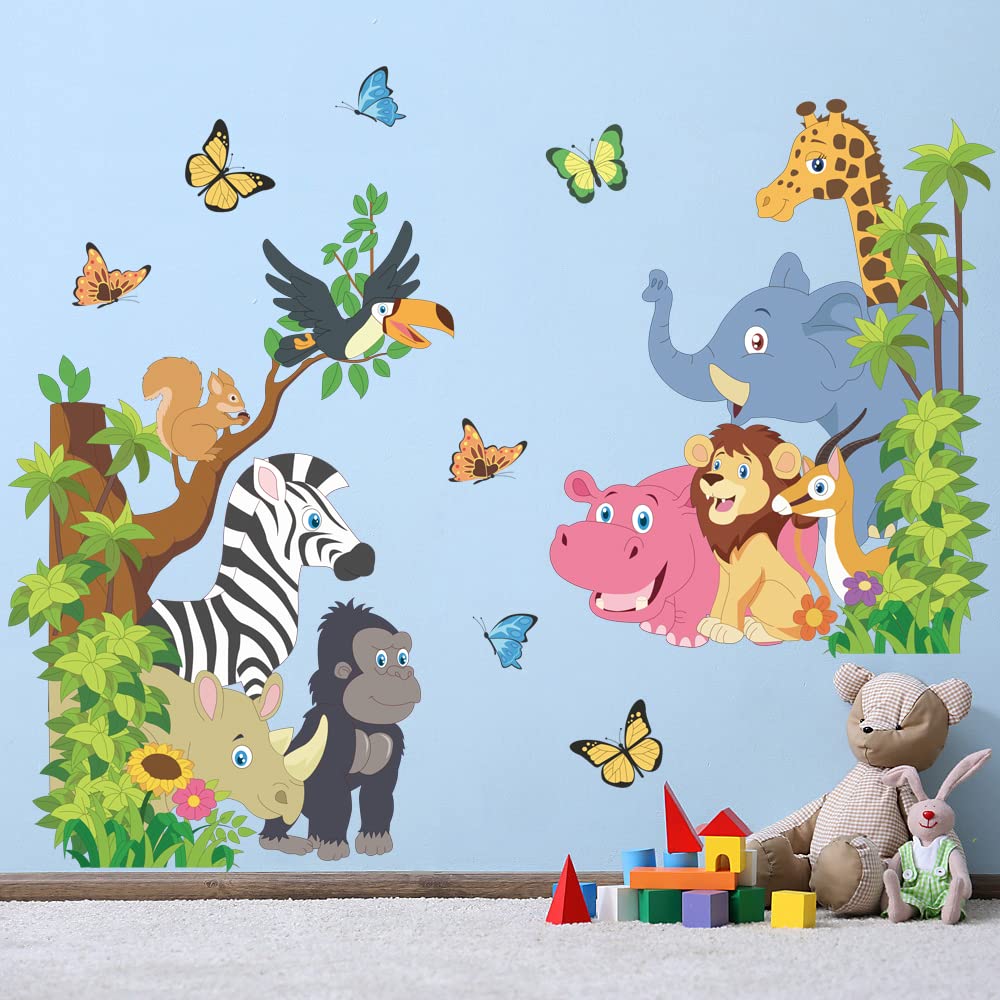 Runtoo Jungle Animal Wall Decals - Elephant, Zebra & Tree Stickers for Kids Room, Nursery Decor | Perfect for Girls Bedroom, Baby Room & Playroom Wall Art