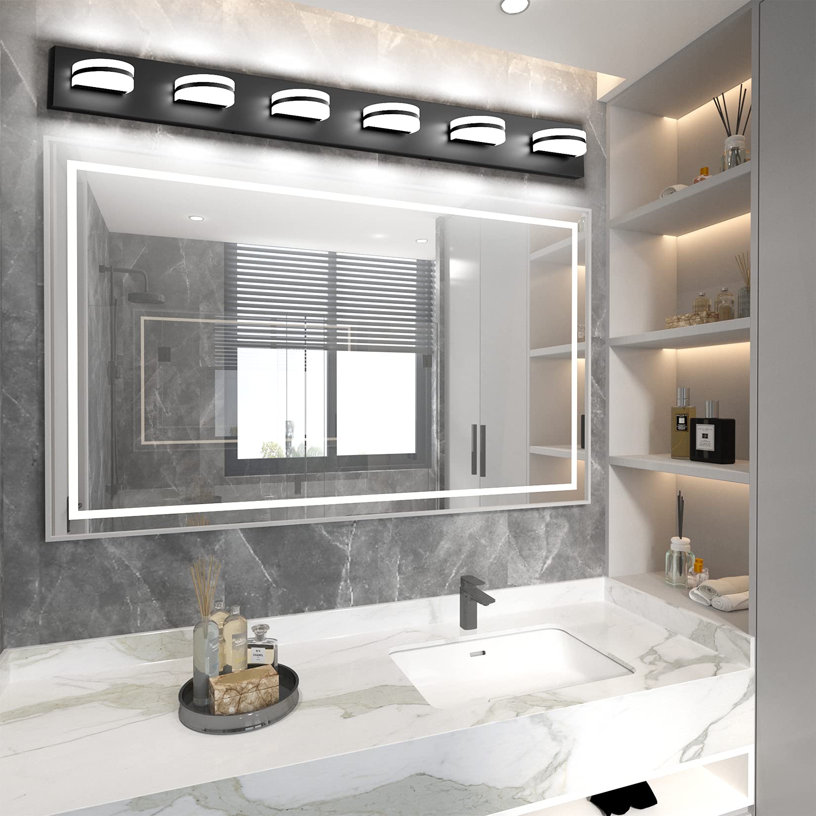 Aipsun 6-Light Modern Black LED Vanity Light Fixture - Up and Down Lighting for Bathroom Mirror - 6000K Cool White - Perfect for Bathroom, Dressing Room & Makeup Area