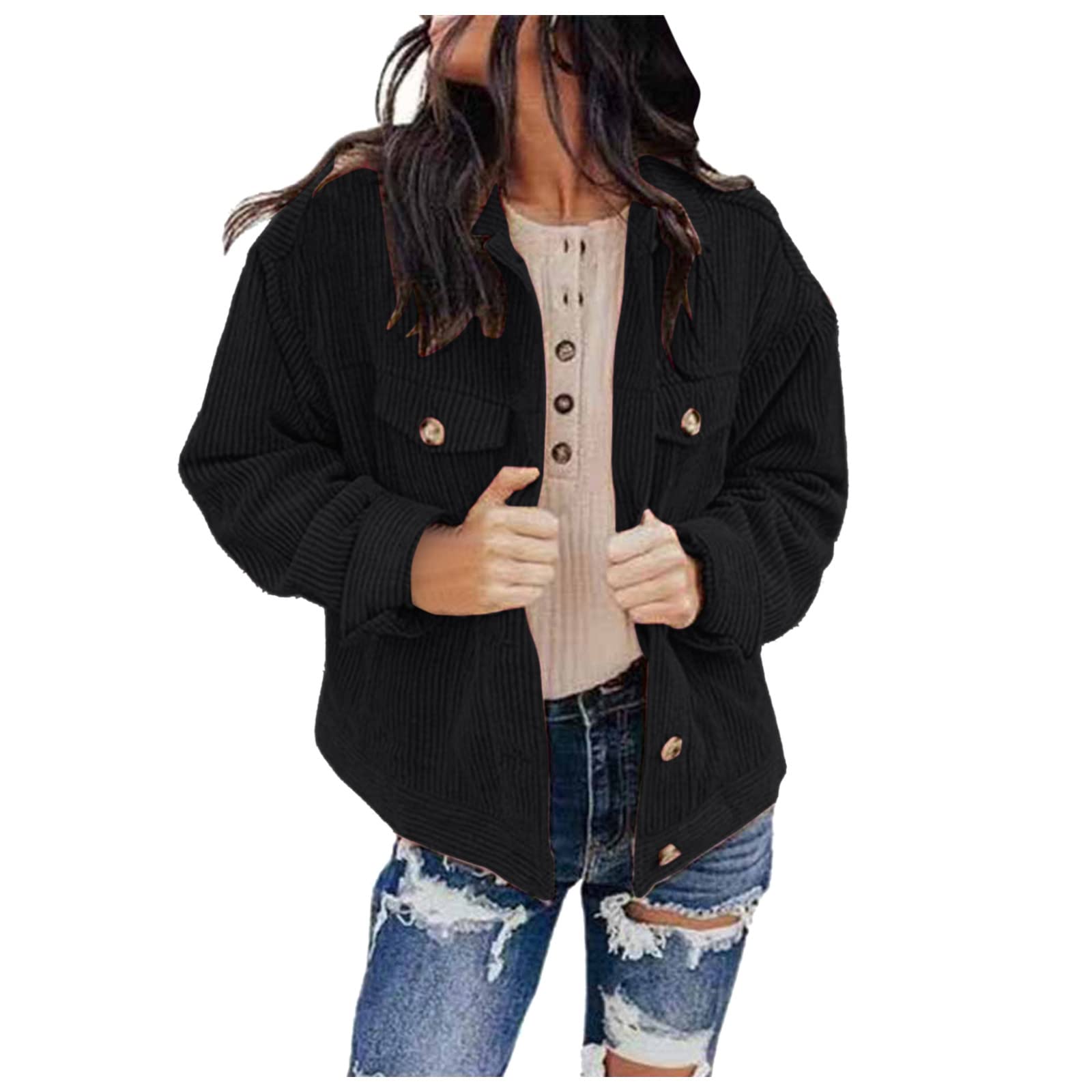 Women's Casual V-Neck Long Sleeve Corduroy Button-Up Blouse - 95% Polyester Summer Tops for Work, Office & Everyday Wear