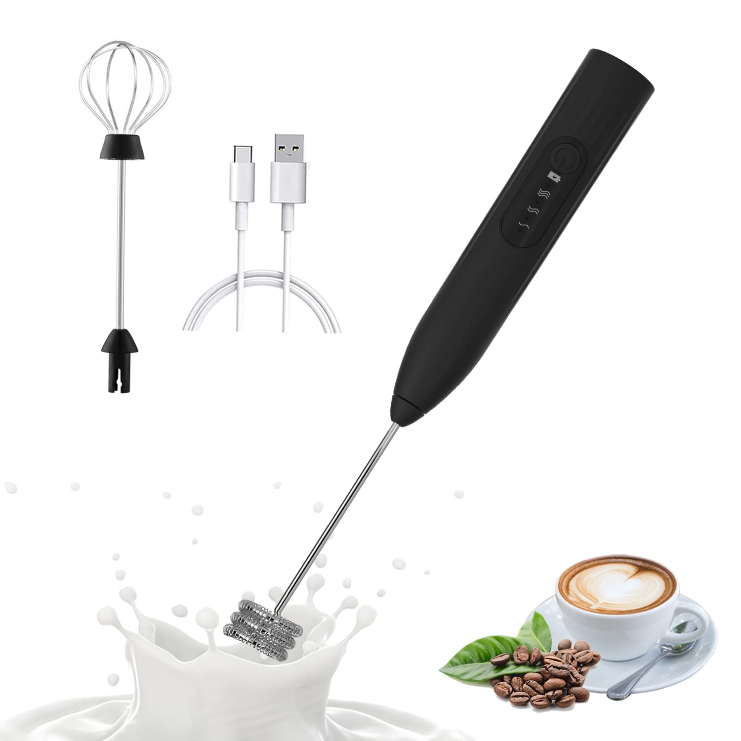Rechargeable Handheld Milk Frother with 3 Speed Settings & 2 Stainless Steel Whisks - 1.2 x 10.4 Inch - Perfect for Lattes, Cappuccinos, Hot Chocolate & Home Coffee Brewing