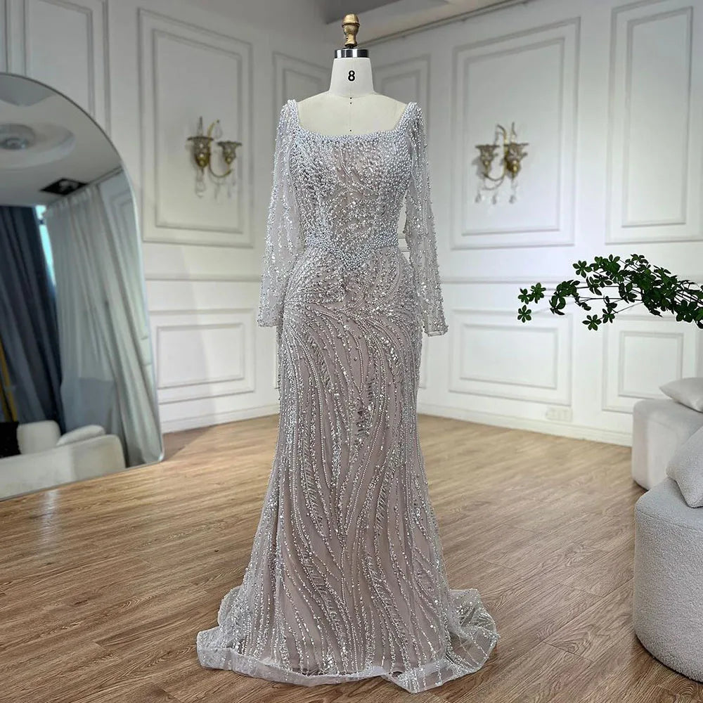 Elegant Muslim White Mermaid Evening Dress with Pearl Beading for Women - Luxury Dubai Wedding & Party Gown - Perfect for Bridal, Formal Events & Special Occasions