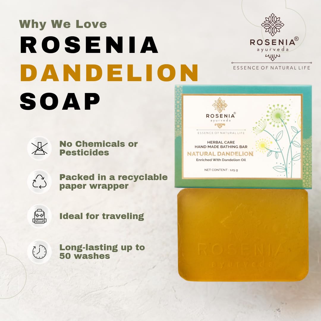 Rosenia Ayurveda Natural Dandelion Handmade Soap Bar for Face & Body - Organic Herbal Cleanser for Sensitive Skin, Acne & Dryness - Perfect for Daily Bathing, Spa & Gift Sets