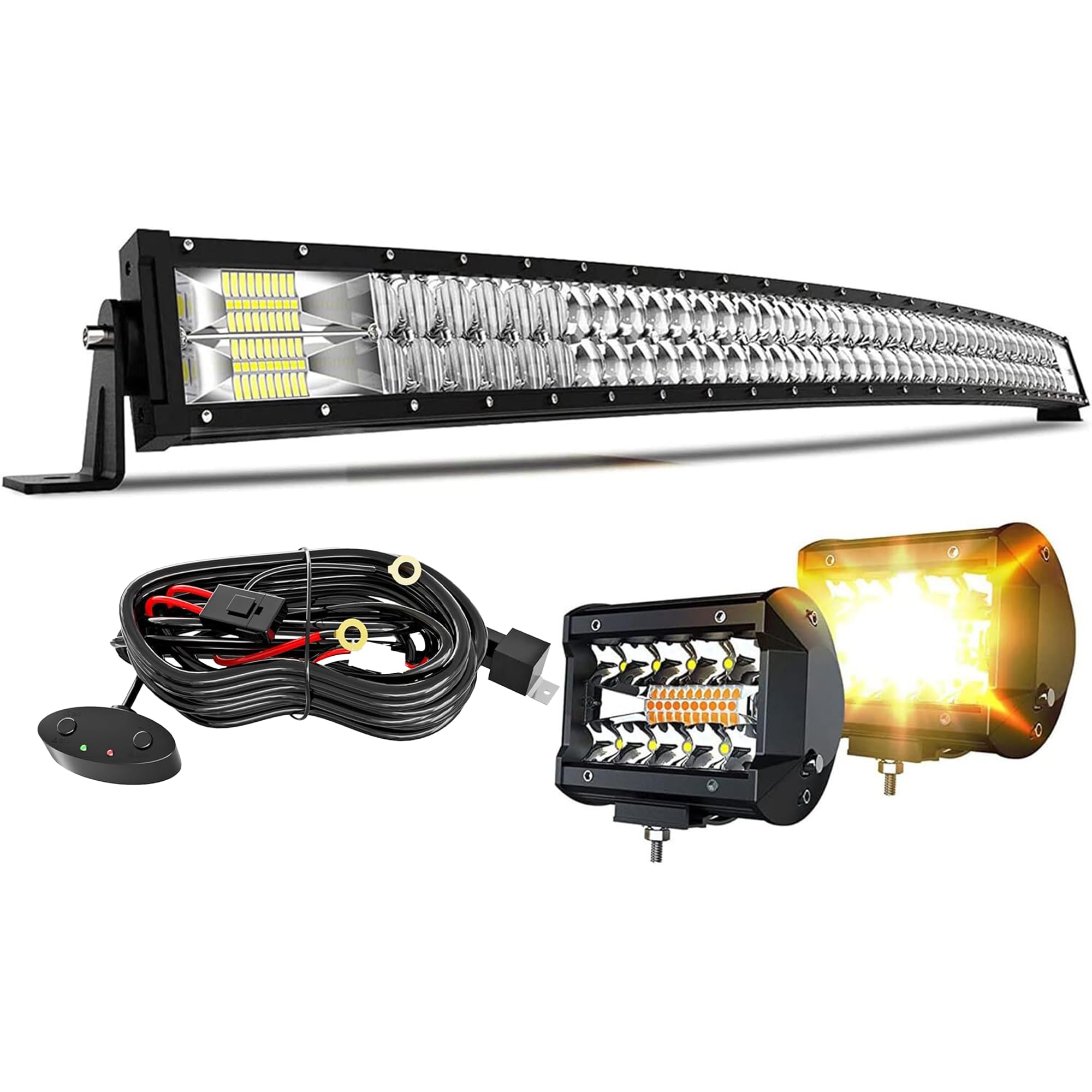 ASLONG 52 Inch 300W LED Light Bar with Spot Flood Combo Beam - 2PCS 4 Inch White/Amber LED Pod Fog Lights - Wiring Harness & Rocker Switch - Offroad Driving Lights for Trucks, Jeeps, ATVs - Perfect for Night Offroading, Camping & Emergency Vehicles