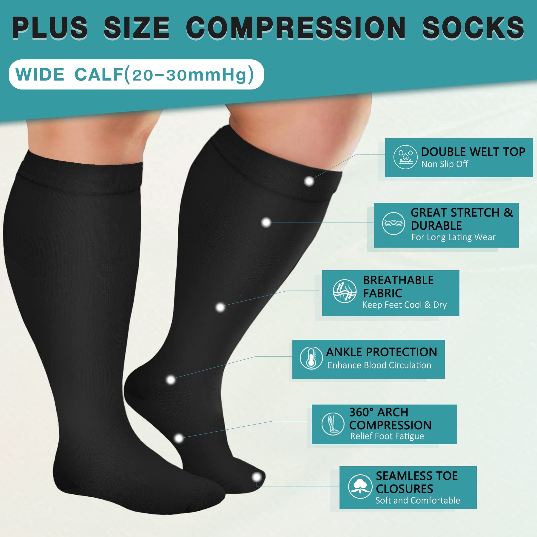 **Iseasoo Plus Size Compression Socks for Men & Women - 3 Pairs Wide Calf Support Stockings for Circulation, Nurses, Running, Travel & Work - Improve Blood Flow & Reduce Swelling**