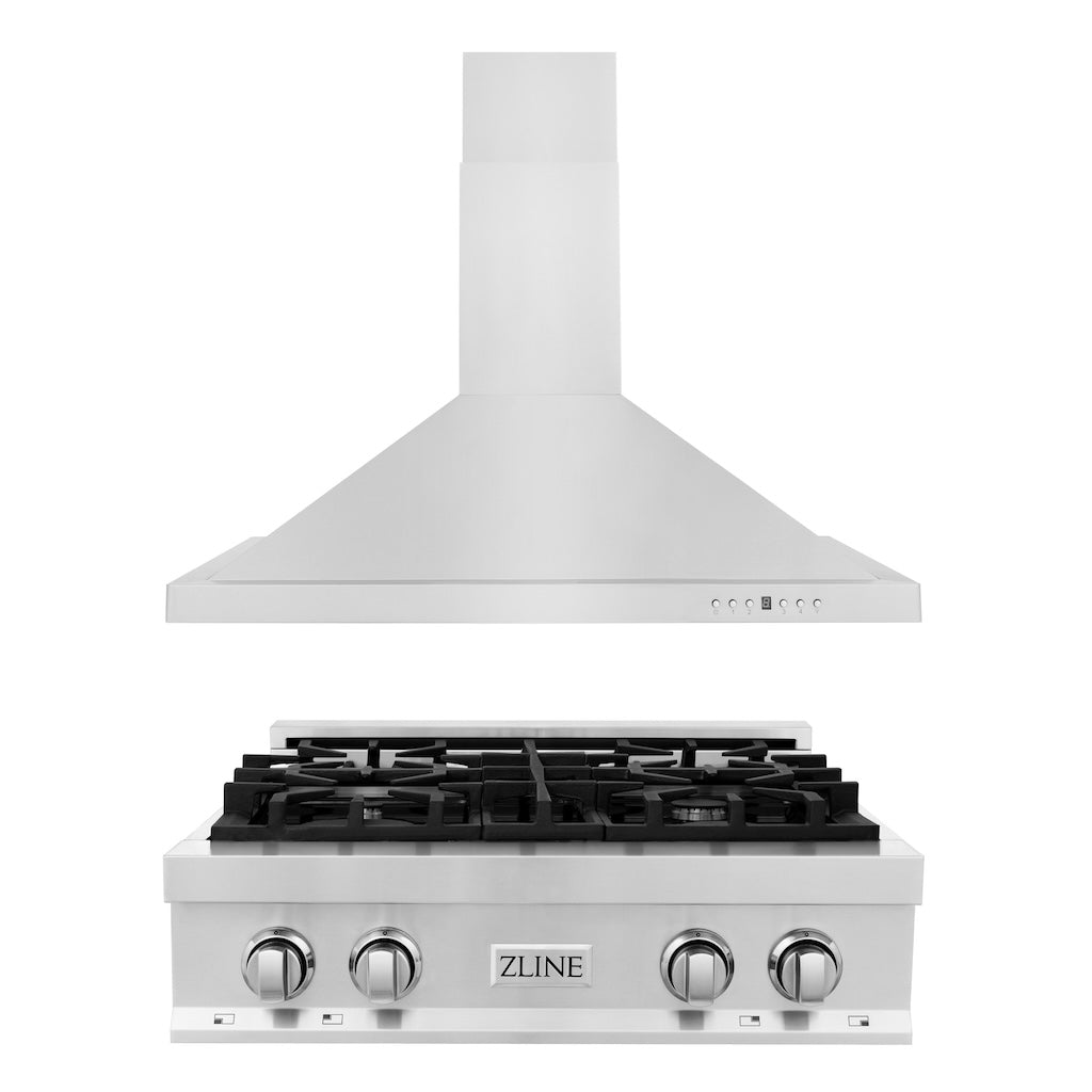 ZLINE 30-inch Stainless Steel Gas Rangetop with Convertible Range Hood - Professional Kitchen Package (2KP RTRH30) for Home Chefs & Modern Kitchens - Perfect for Cooking, Baking & Entertaining
