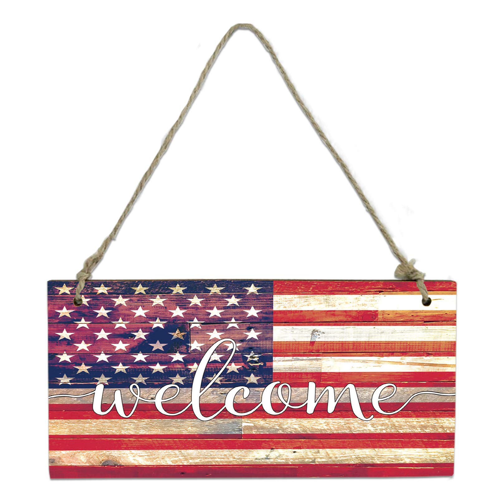 Vintage American Flag Striped Wooden Welcome Sign - Retro Rectangle Hanging Door Decor for Home, Restaurant & Outdoor (8x4 Inch) - Perfect for Front Porch, Wall Art & Entryway Decorations