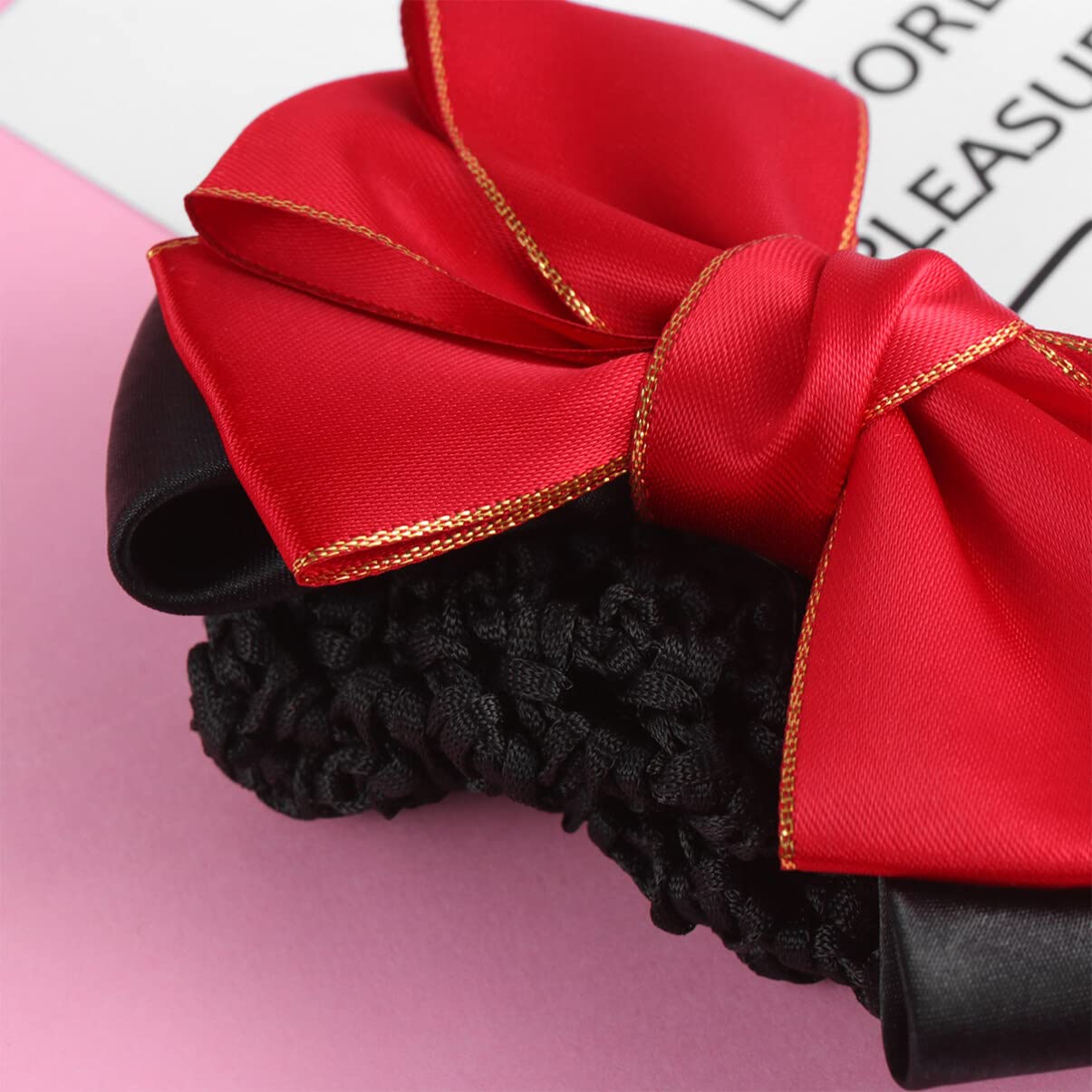 LALAFINA 2pcs Bun Hair Nets with Bow - Women's Organza Hair Accessories for Office, Work & Professional Use - Large Hair Bun Snood & Hairclips (Red) - Perfect for Business, Weddings & Formal Events