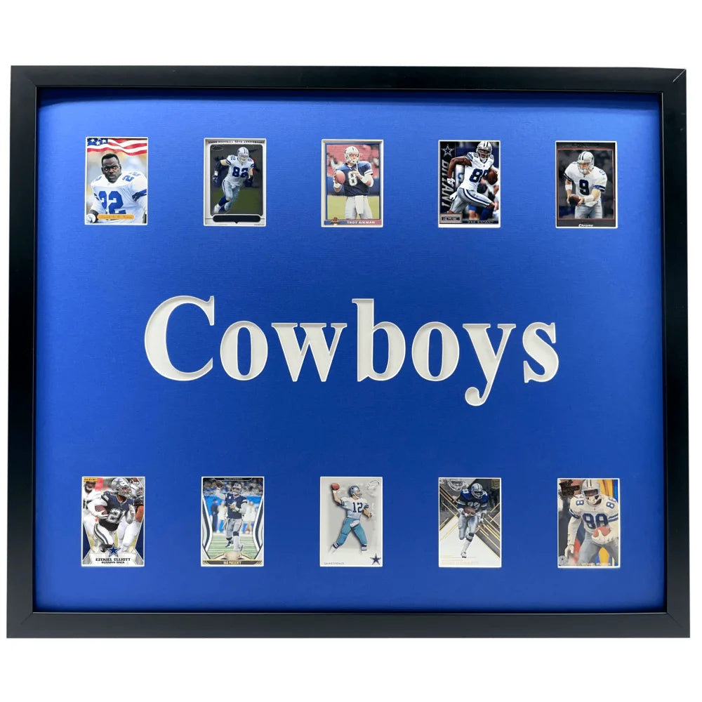 Dallas Cowboys Autographed Football Card Collection - Framed 10-Card Display with Staubach, Aikman, Prescott & Zeke - Perfect for Man Cave, Sports Memorabilia Room & Cowboys Fan Gifts