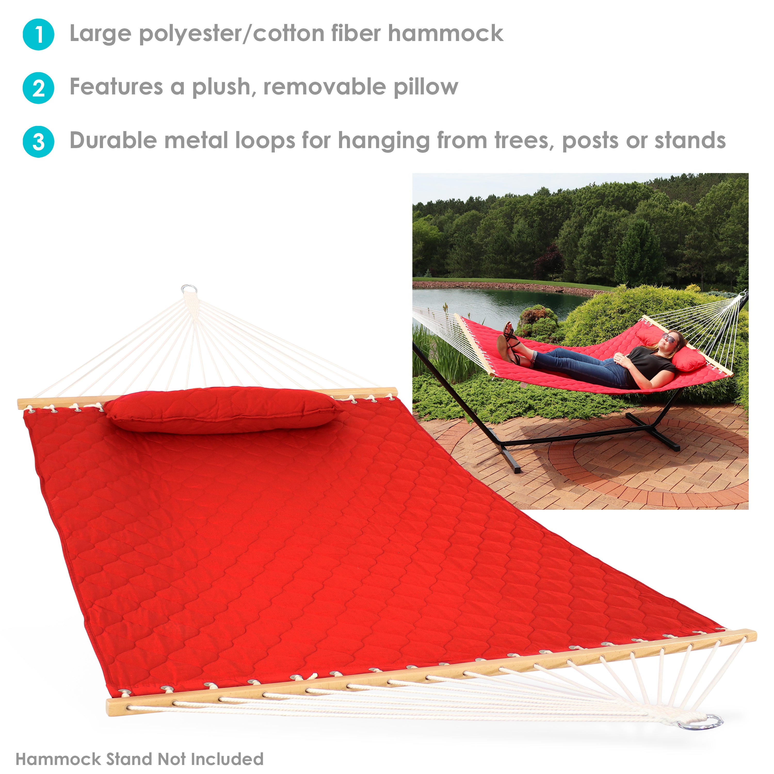 Sunnydaze 2-Person Quilted Hammock with Bolster Pillow - Outdoor Patio, Backyard, Camping & Relaxation Hammock for Couples