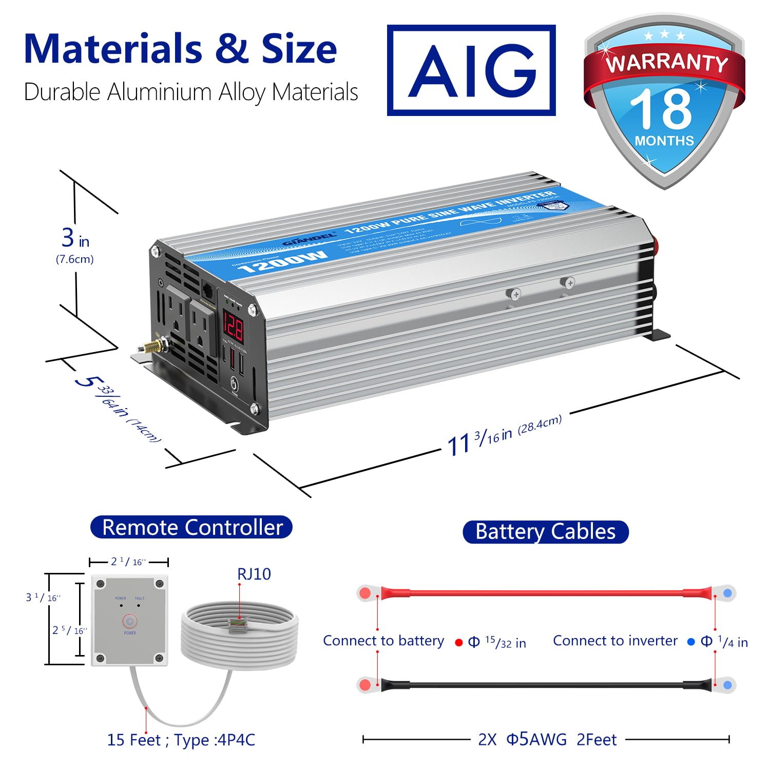 1200W Pure Sine Wave Power Inverter 12V DC to 120V AC with USB-C PD30W & QC3.0 Fast Charging - Compatible with Lithium Batteries, RVs, Solar Systems, Cars - UL Certified with Fuses & Wired Remote for Emergency Power & Outdoor Use