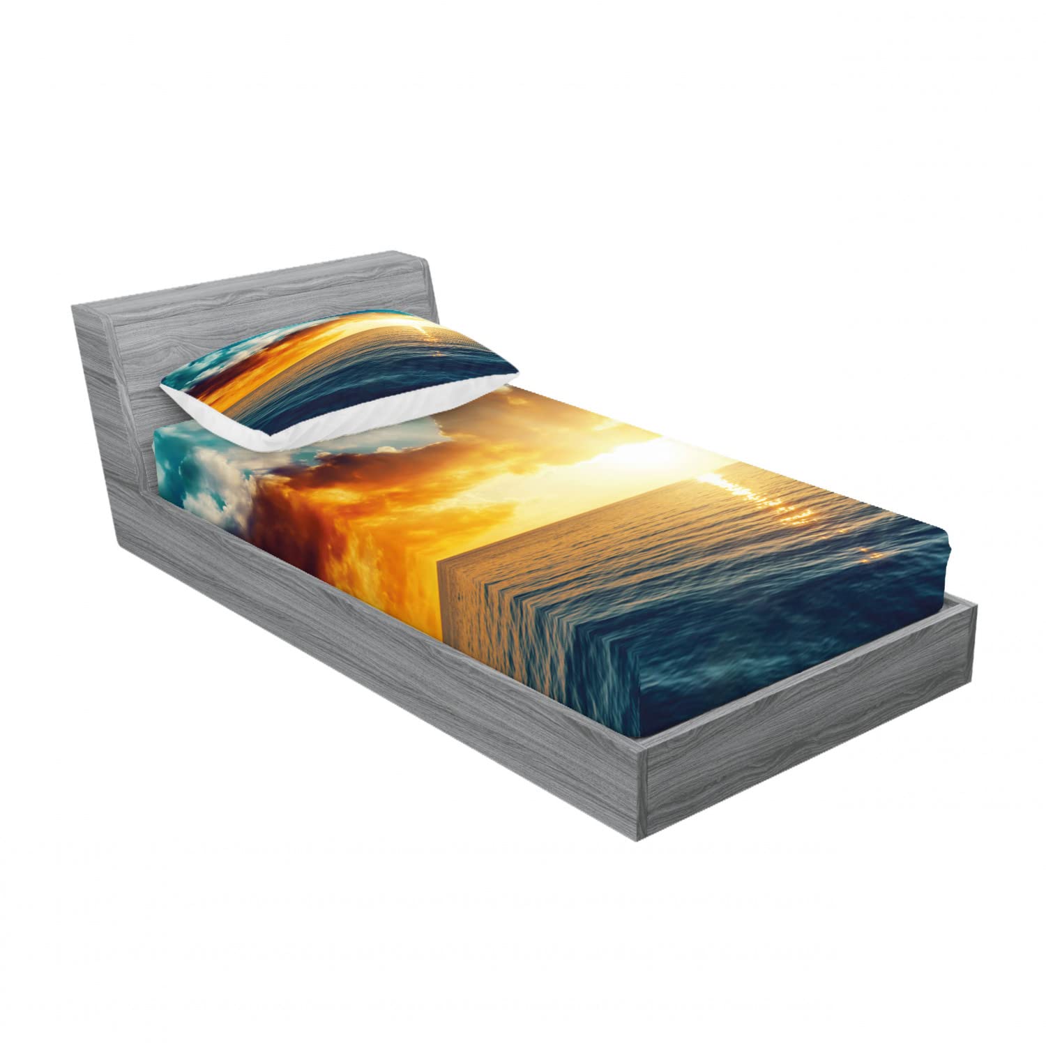 Ambesonne Sunset 2-Pack Twin XL Fitted Sheet & Pillow Sham Set - Horizon Panorama Design, Yellow & Blue 4-Piece Bedding Decor | Perfect for Dorms, Guest Rooms & Coastal Themed Bedrooms