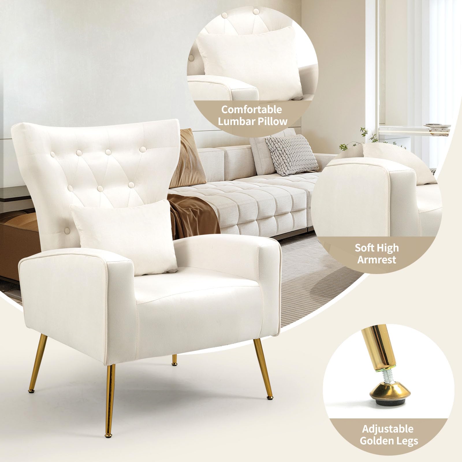 Velvet Accent Chairs Set of 2 - Mid Century Modern Wingback Armchairs with Button Tufted Upholstery & Gold Metal Legs - Living Room, Bedroom, Office Seating - Includes Lumbar Pillow (White) - Perfect for Home Decor, Lounge Reading Nook & Cozy Sitting Area