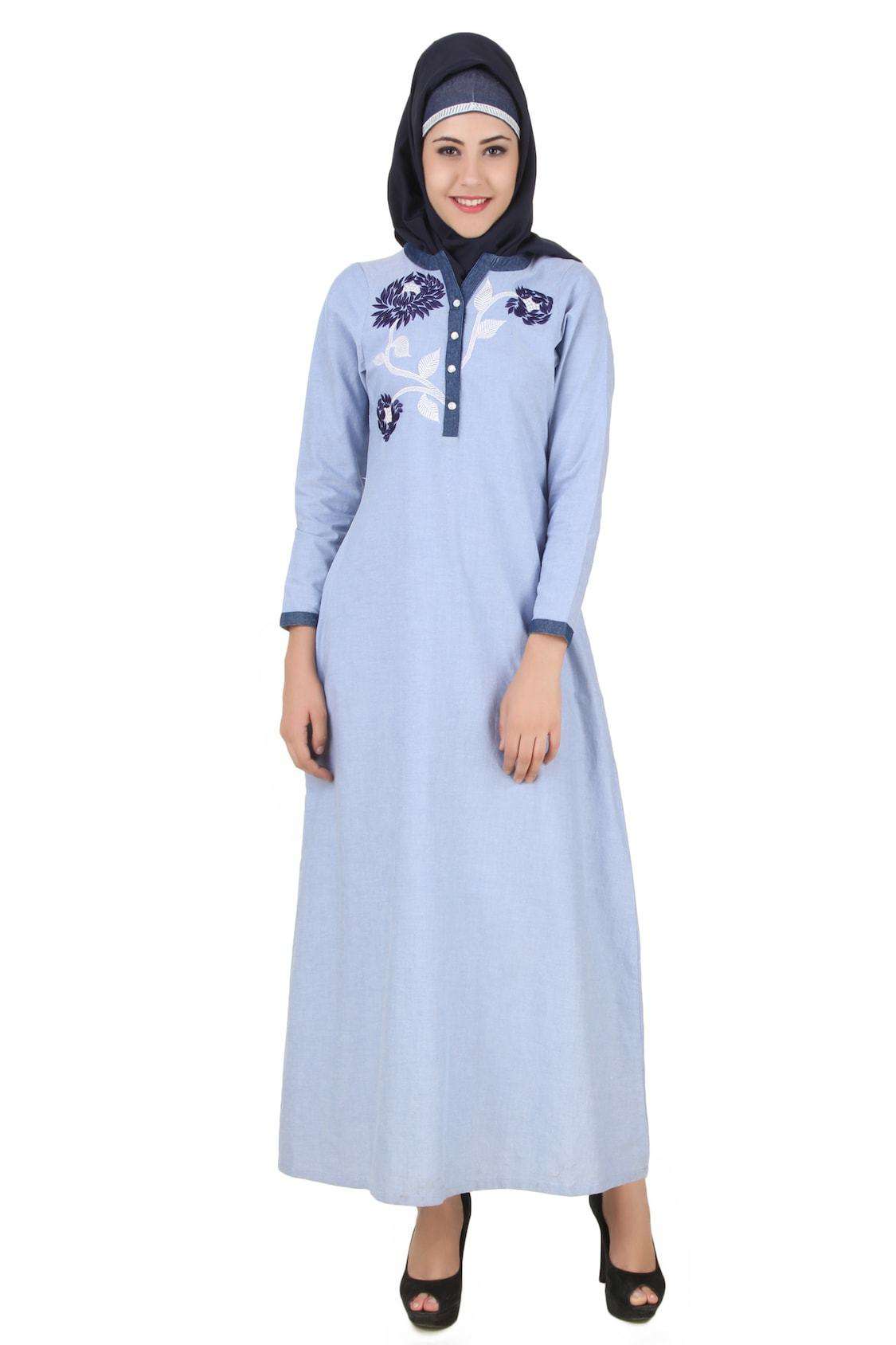 Mahek Ice Blue Chambray Cotton Abaya - Modest Muslim Dress for Women | Lightweight & Breathable Prayer Dress | Perfect for Eid, Ramadan & Daily Wear