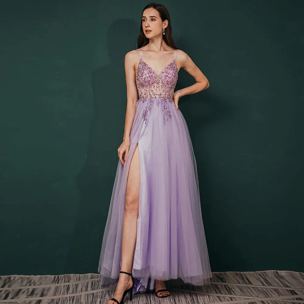 Sparkling Beaded Crystal Prom Dresses for Women - Elegant Long See-Through A-Line Gown with V-Neck & Spaghetti Straps | Perfect for Formal Evening, Homecoming, Wedding & Special Occasions