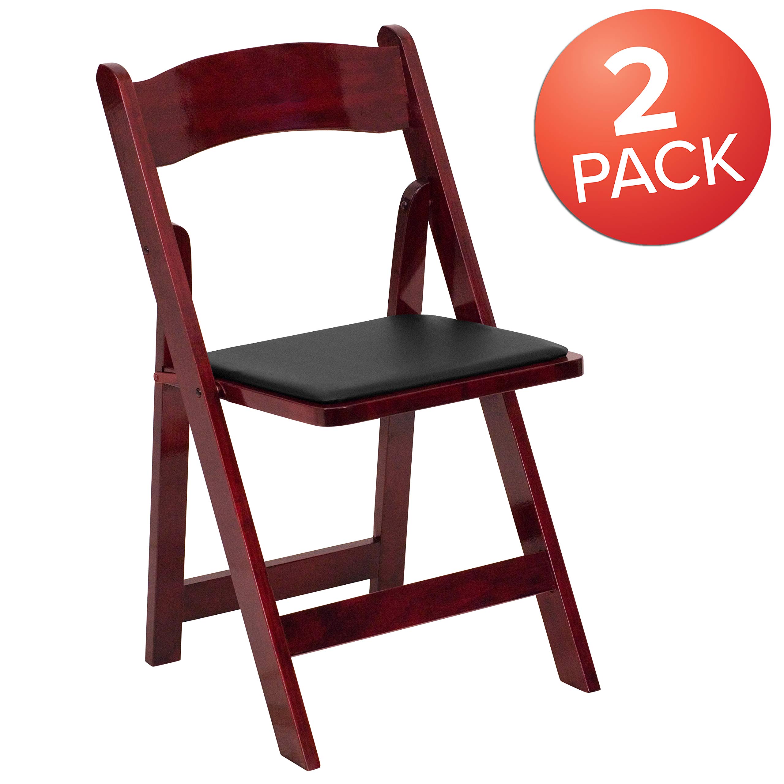 EMMA + OLIVER 2 Pack Mahogany Wood Folding Chairs with Vinyl Padded Seat - Sturdy & Comfortable Portable Chairs for Dining, Parties, Weddings & Outdoor Events